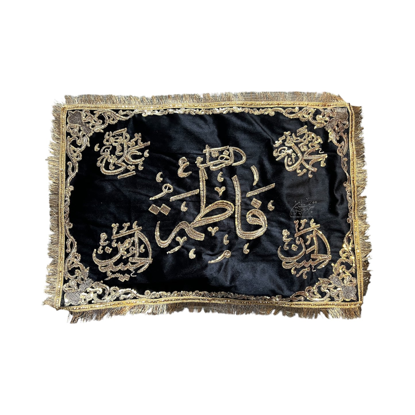 Majlis Pillow Cover | Center Bibi Fatima SA & Side Panjetan AS Names | Black Velvet | Golden Machine Embroidery | Premium Quality