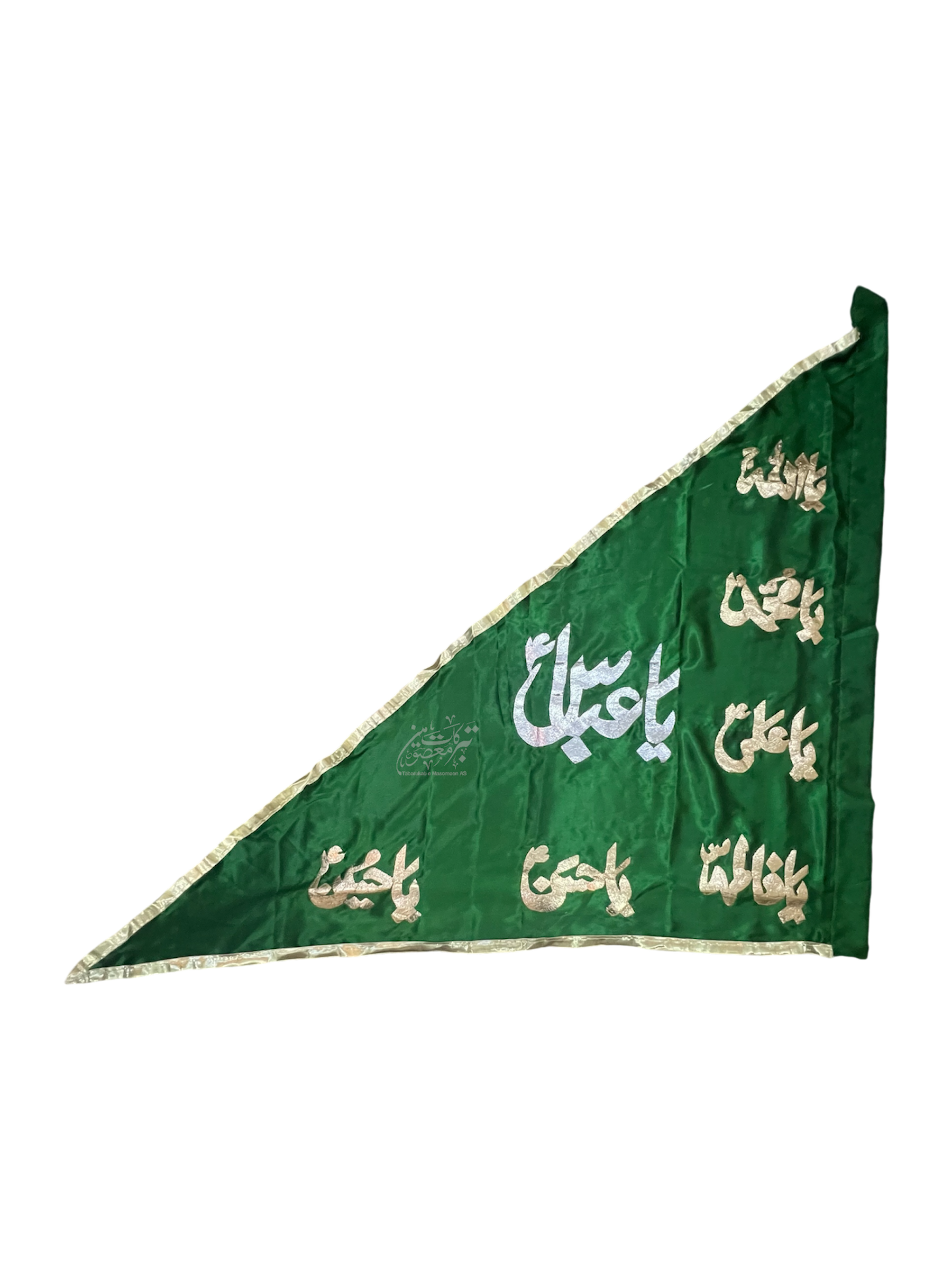 Triangle Alam Parcham Ya Abbas (AS) with Panjetan (AS) Names – Satin Fabric Golden Applic Work