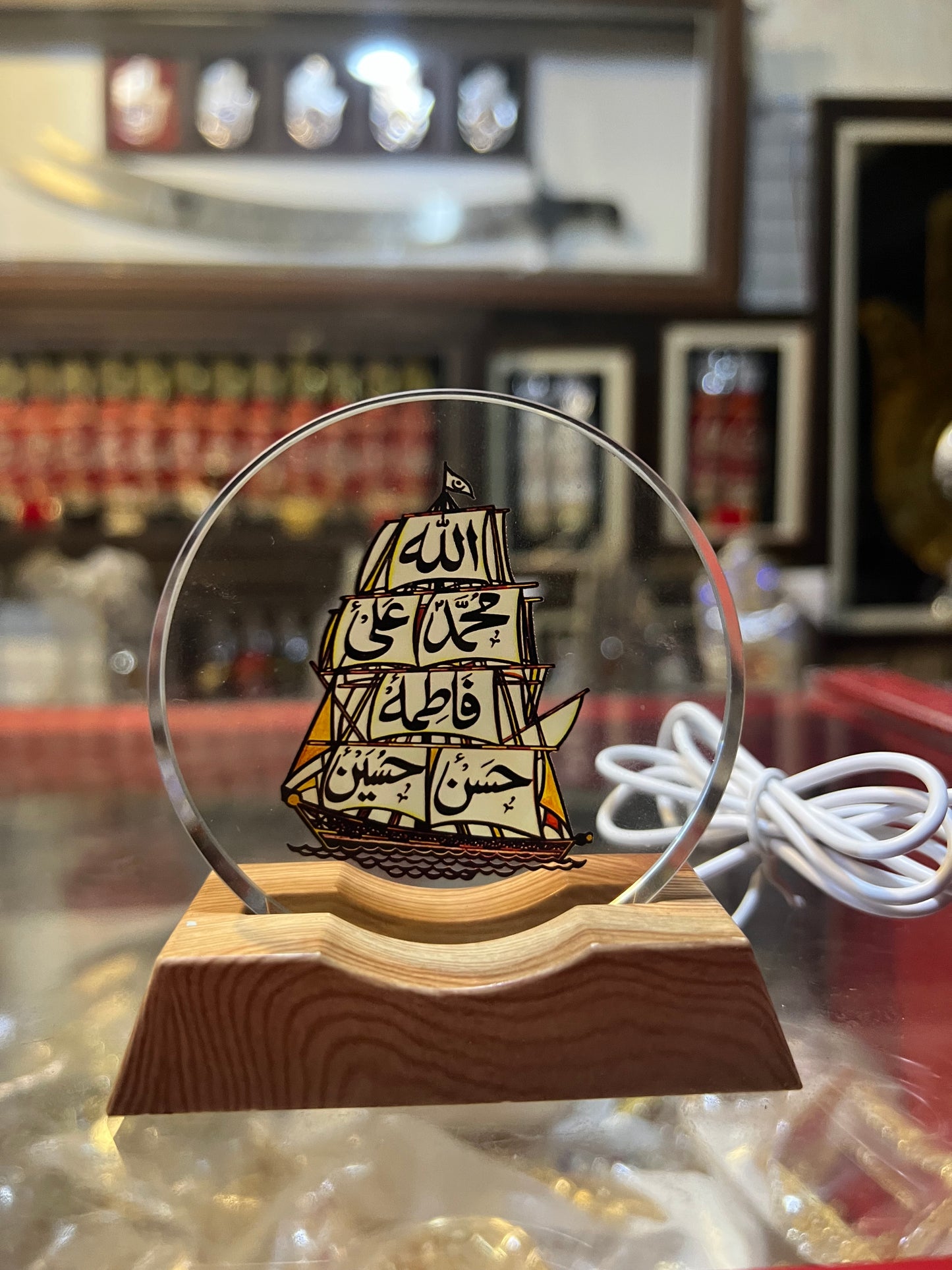 Ya Hussain (AS) & Panjetan AS 3D LED Lamp – Azakhana Decor | Wooden Base Mirror Finish | 5 Inch Spiritual Light
