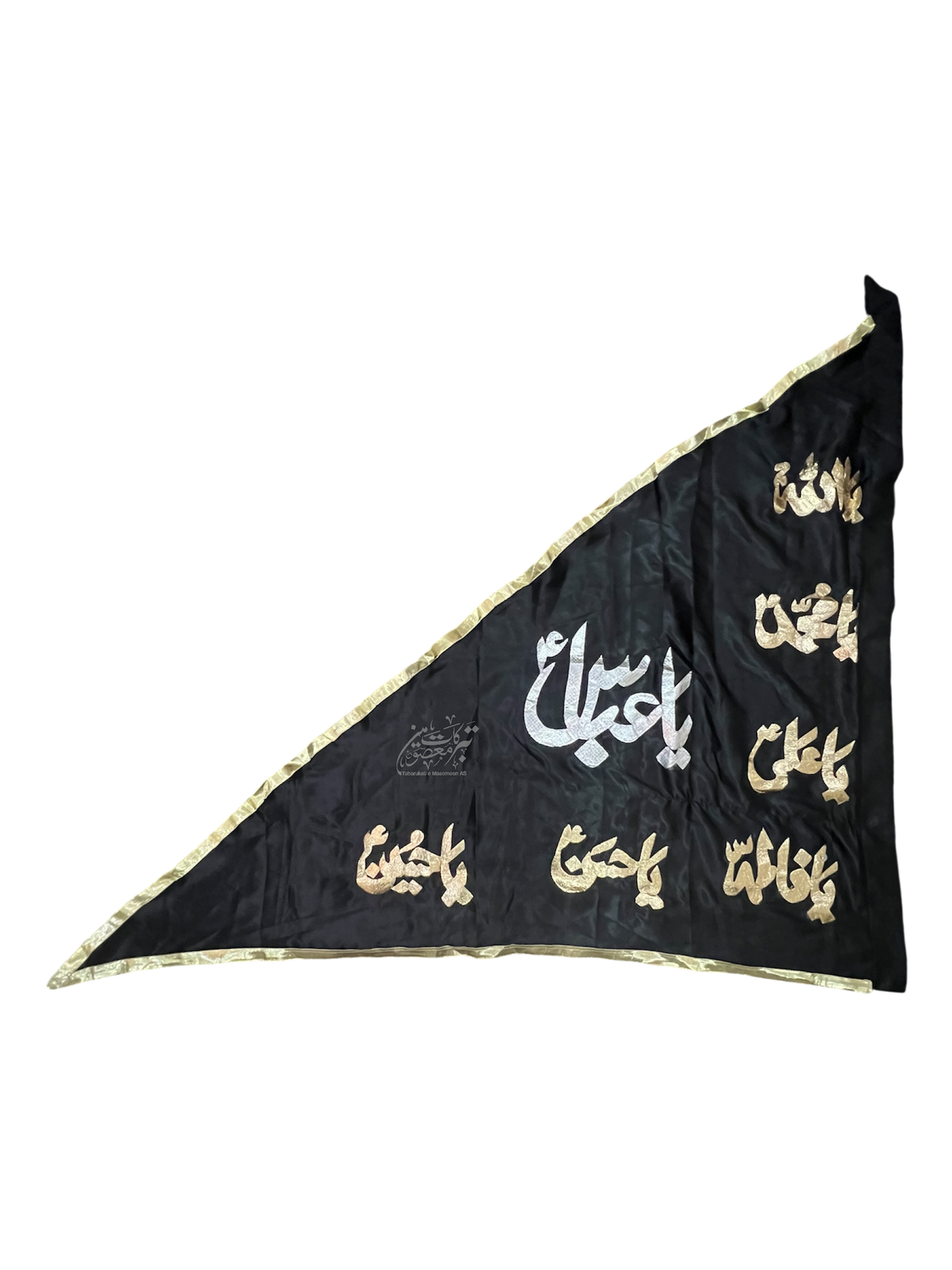 Triangle Alam Parcham Ya Abbas (AS) with Panjetan (AS) Names – Satin Fabric Golden Applic Work