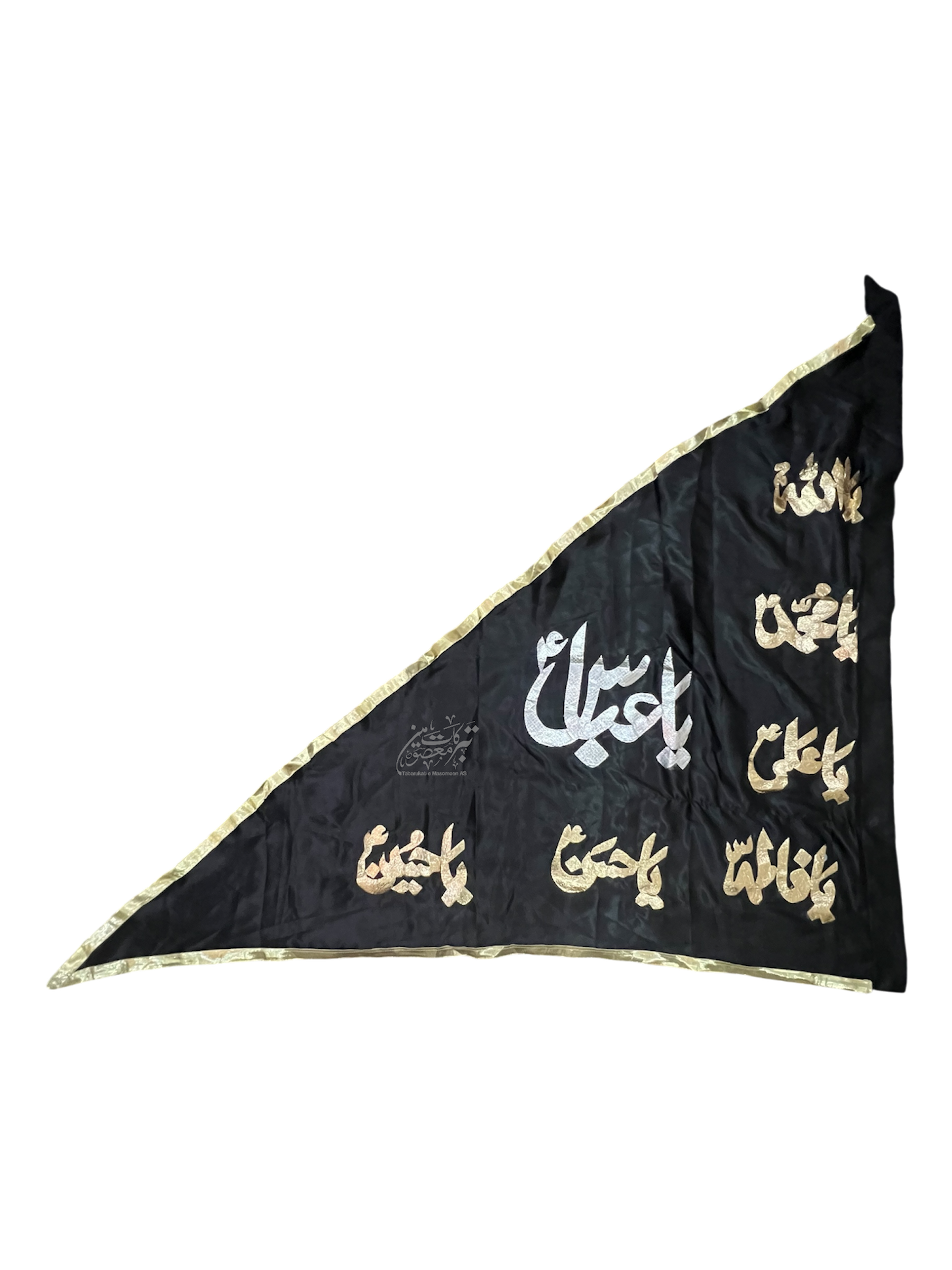 Triangle Alam Parcham Ya Abbas (AS) with Panjetan (AS) Names – Satin Fabric Golden Applic Work