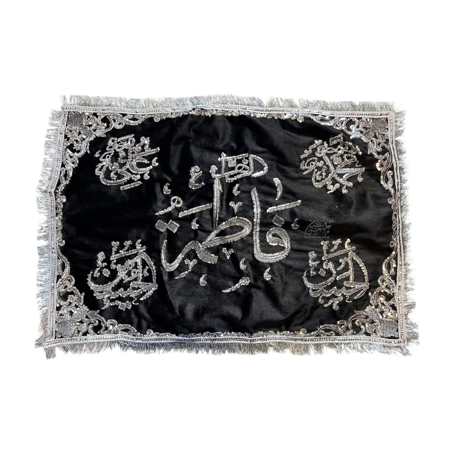 Majlis Pillow Cover | Center Bibi Fatima SA & Side Panjetan AS Names | Black Velvet | Silver Machine Embroidery | Premium Quality