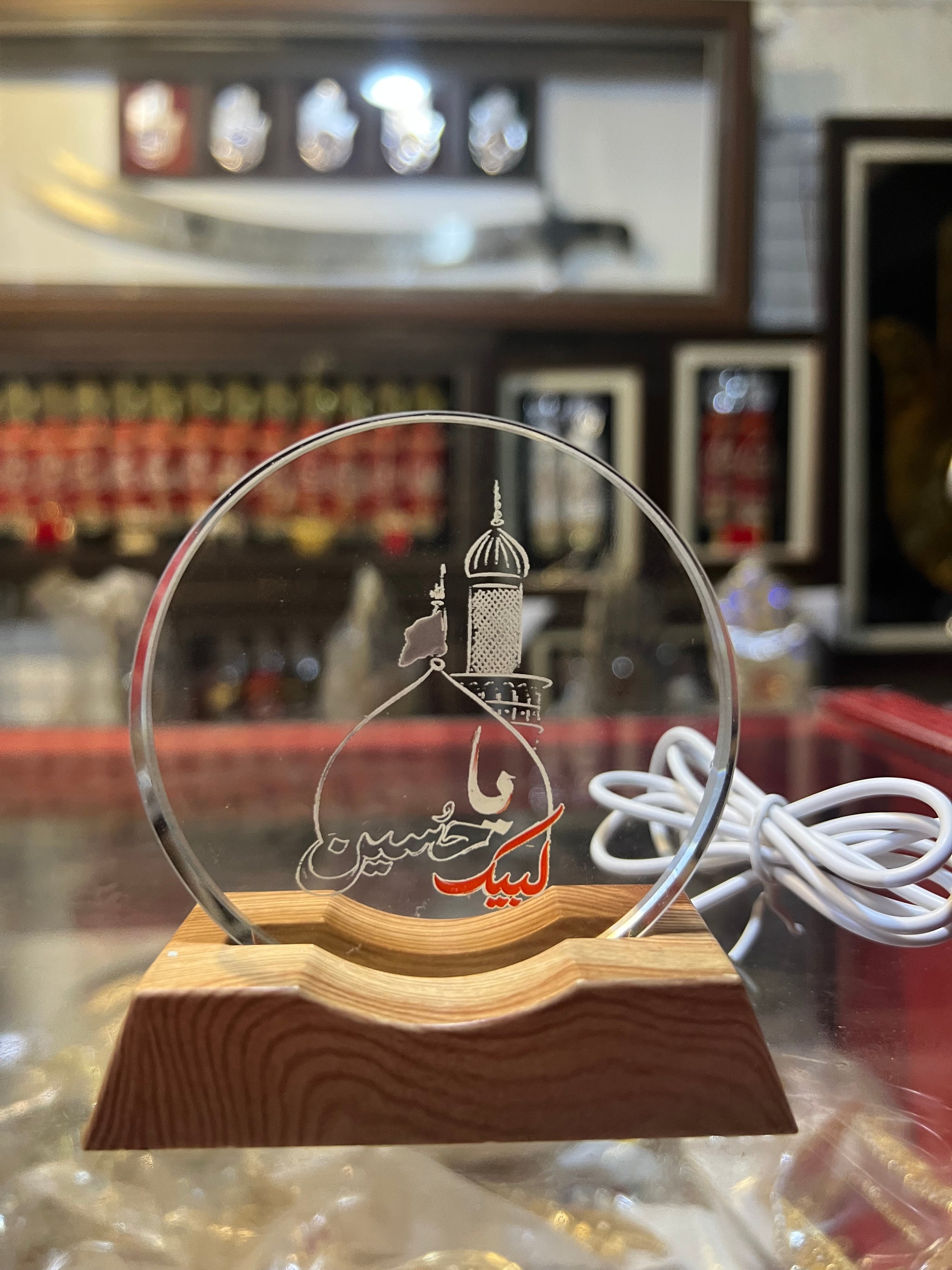Ya Hussain (AS) & Panjetan AS 3D LED Lamp – Azakhana Decor | Wooden Base Mirror Finish | 5 Inch Spiritual Light