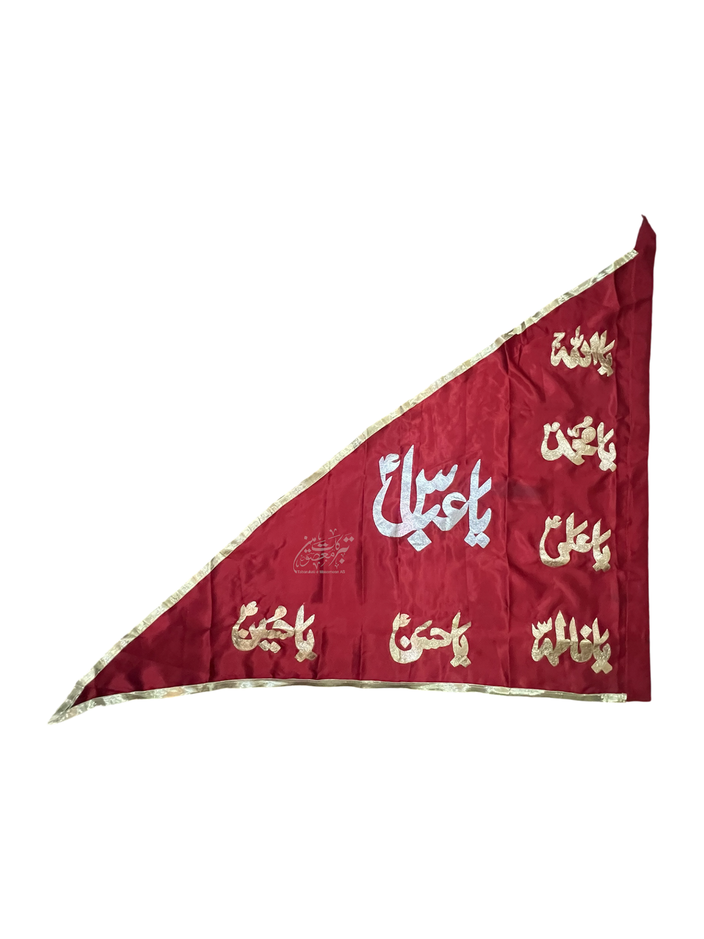 Triangle Alam Parcham Ya Abbas (AS) with Panjetan (AS) Names – Satin Fabric Golden Applic Work