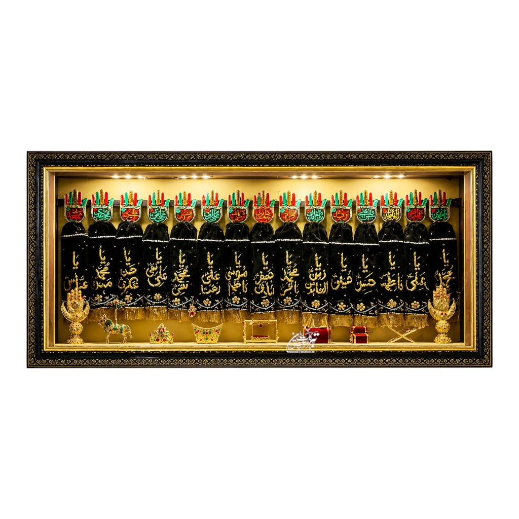 Beautiful Azakhana Set Frame | 15 Alam Masomeen (AS) & Mola Abbas (AS) Names | Premium Lighting Frame | 36×14 Inch