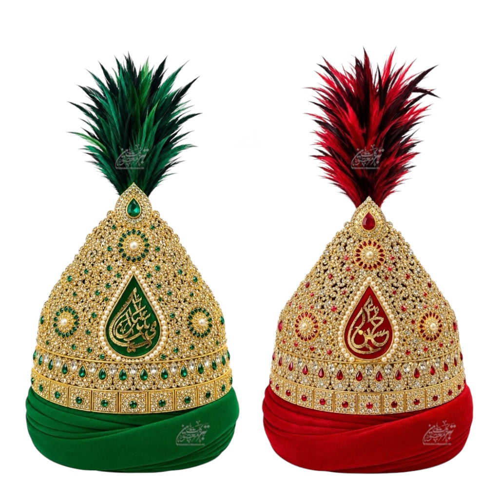 Beautiful Taaj With Amama Imam Hussain AS & Hazrat Abbas AS Kashi Work Stones | 2pcs Pair