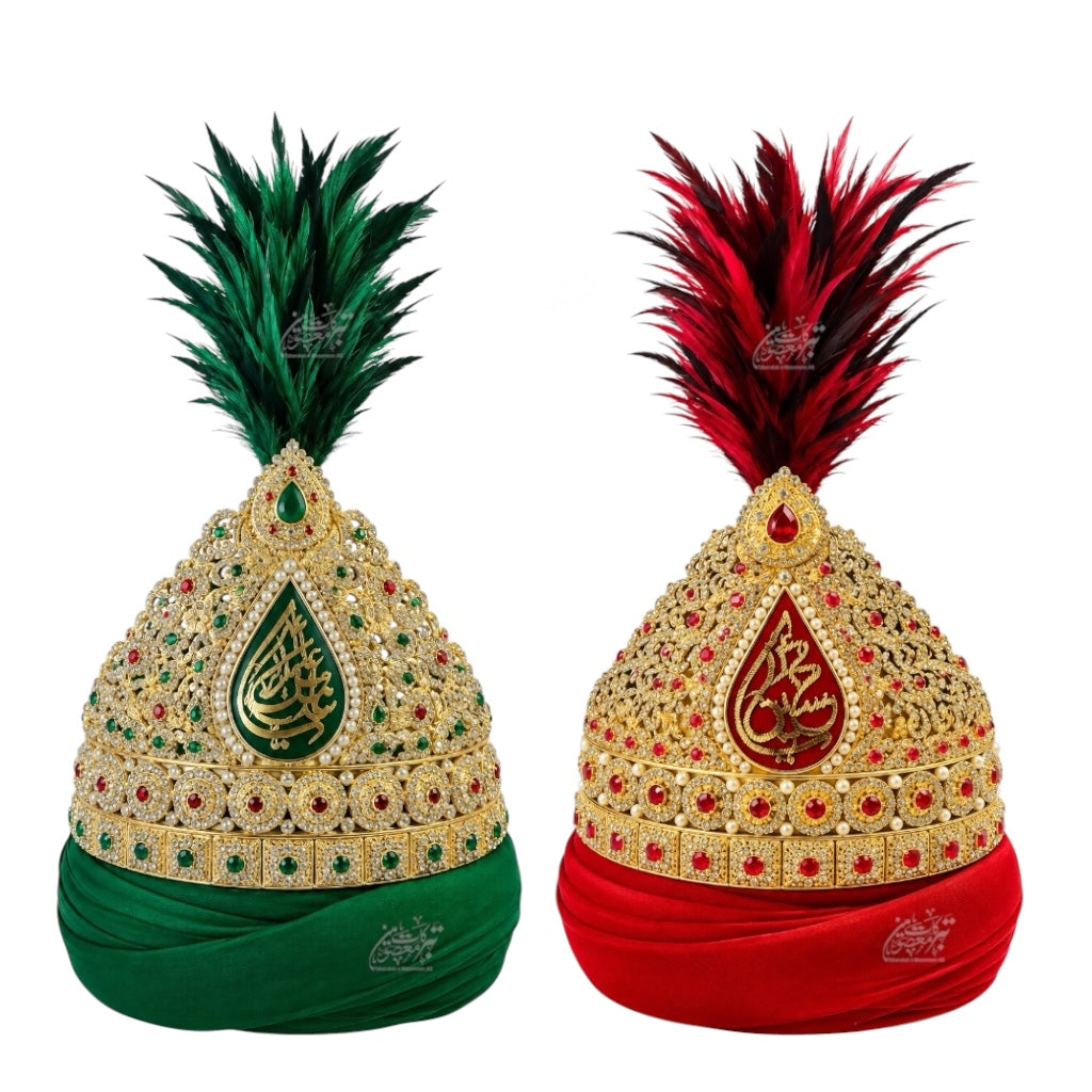 Beautiful Taaj With Amama Imam Hussain AS & Hazrat Abbas AS Kashi Work Stones | 2pcs Pair