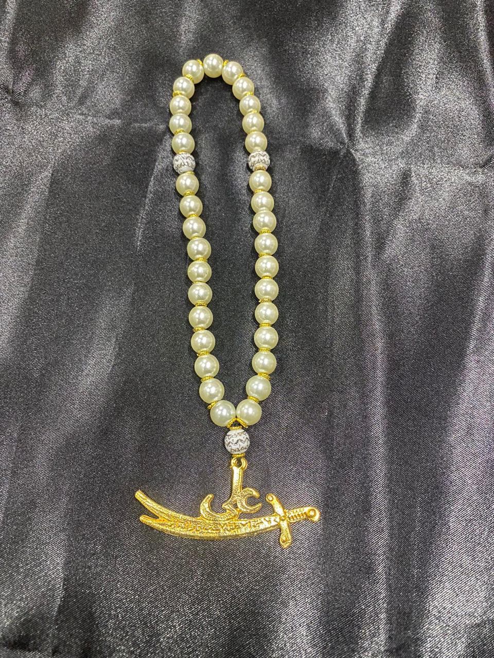 Beautiful Tasbeeh Ya Ali AS With Zulfiqar | White Pearls Stones 8mm 33 Beads