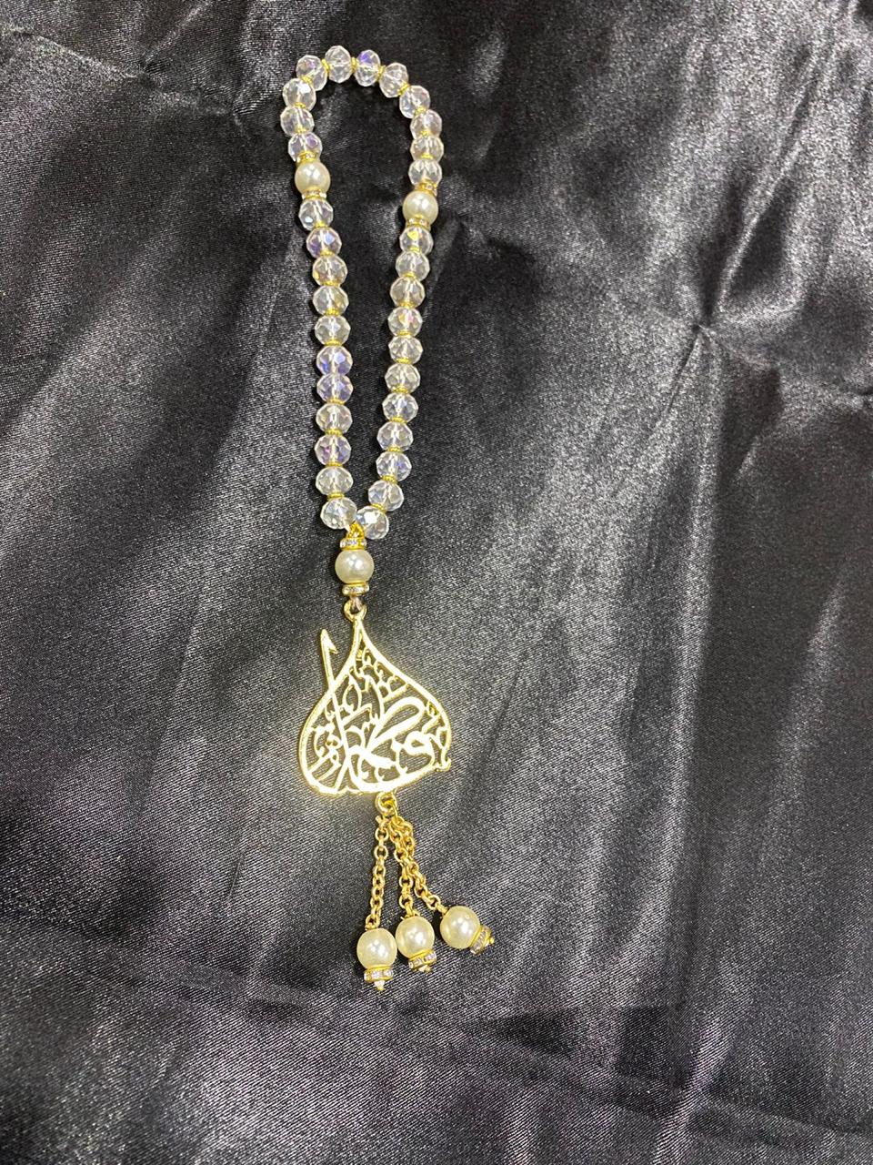 Beautiful Tasbeeh Ya Fatima Tul Zehra SA | White Crystal Stones 8mm 33 Beads 