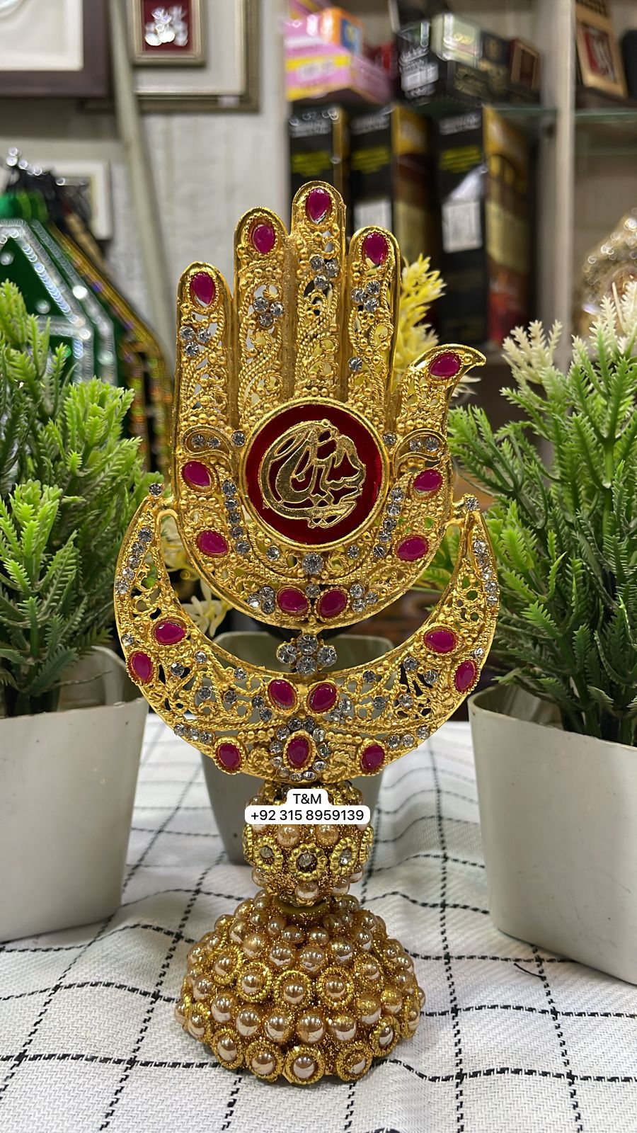 Alam Mola Hussain AS Table Stand Moon Shape Red Stone Work