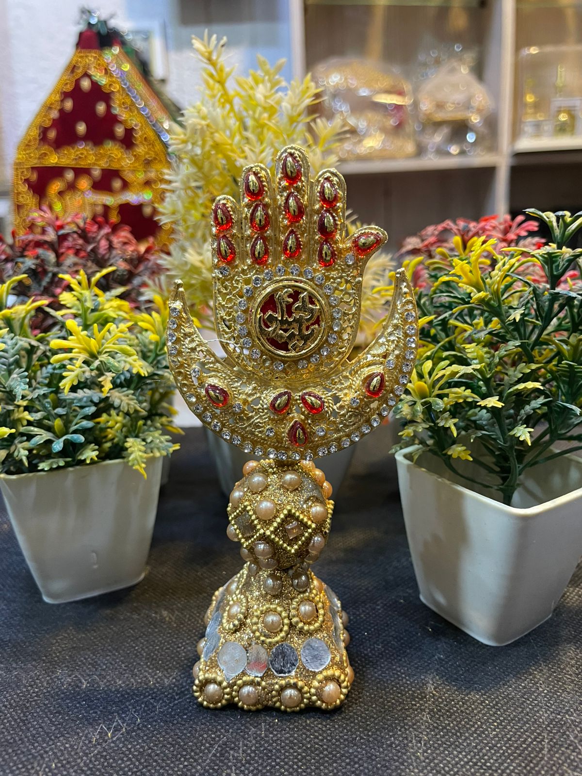 Alam Mola Hussain AS Table Stand With Moon Shape Red Stone Work