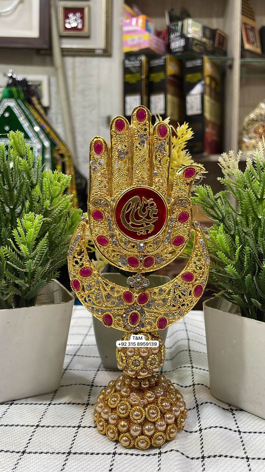 Alam Mola Abbas AS Table Stand Moon Shape Red Stone Work
