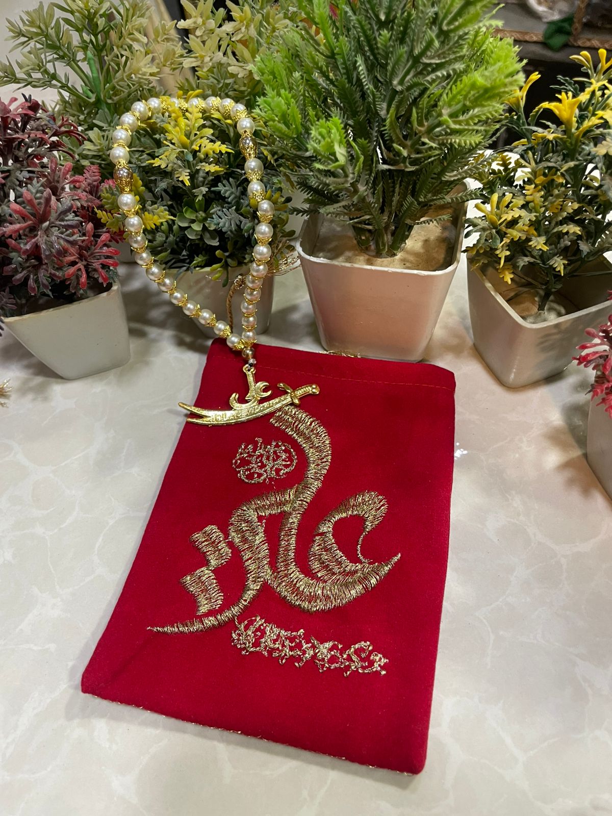 Beautiful Pearls Tasbeeh  Imam Ali AS Zuliqar Locket + Red Velvet Embroidery Ya Ali AS Design