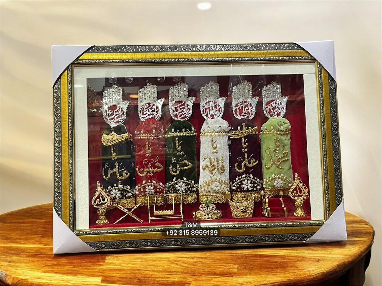 Beautiful Panjetan AS & Mola Ababs AS 6 Alam Set | Patka Fabric Velvet Work Cora Dapka High Quality Frame All Ziyarat Manjus