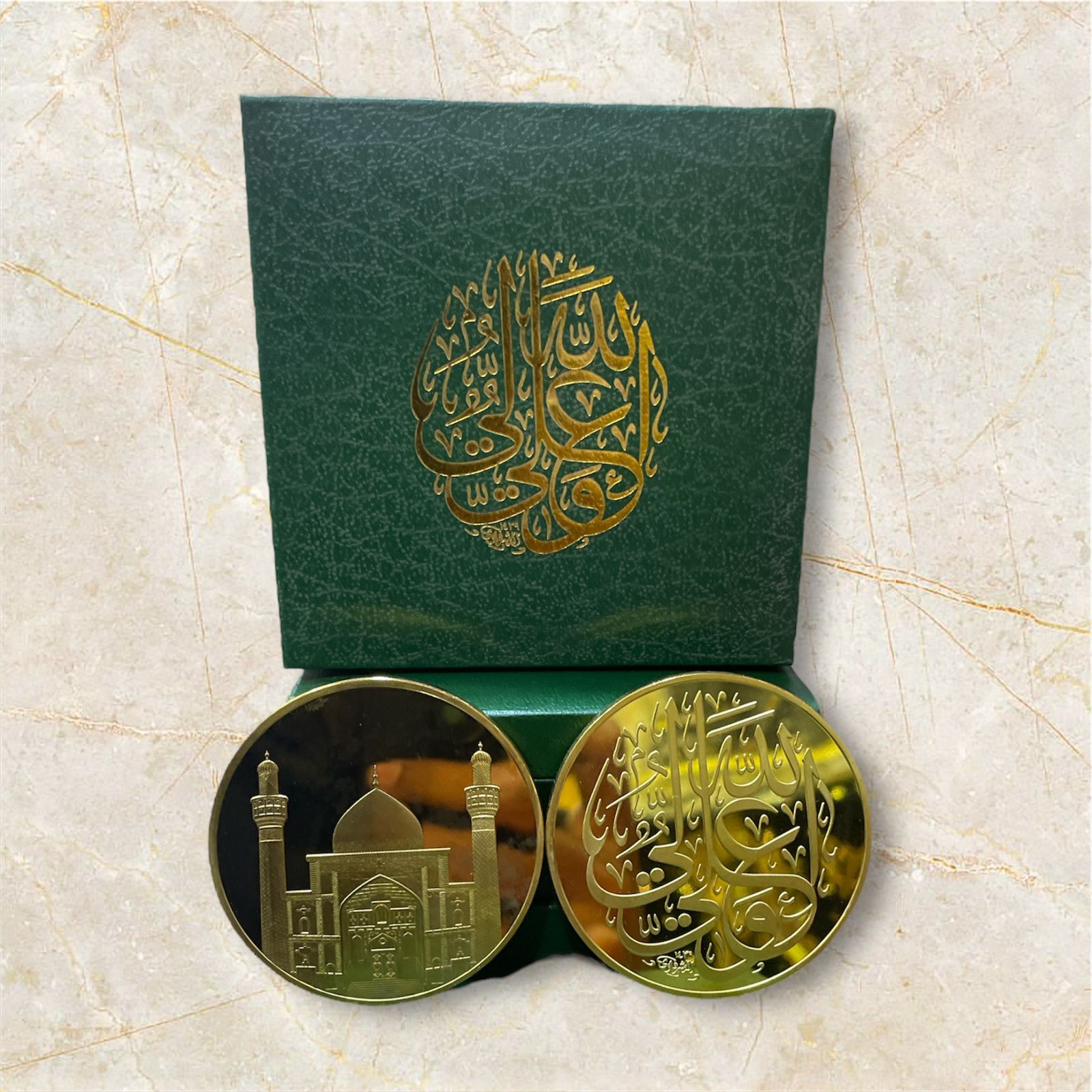 New Arrival Najaf Big Coin With Orignal Box | Front Side Mola Ali AS & Back Side Calligraphy Ali Un Wali Allah | Size 2.5 Inch  