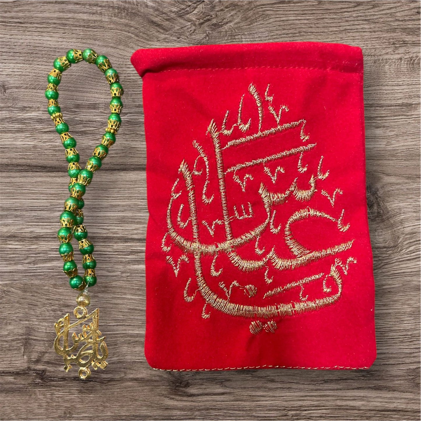 Beautiful Green Tasbeeh Mola Abbas AS With Red Pouch 