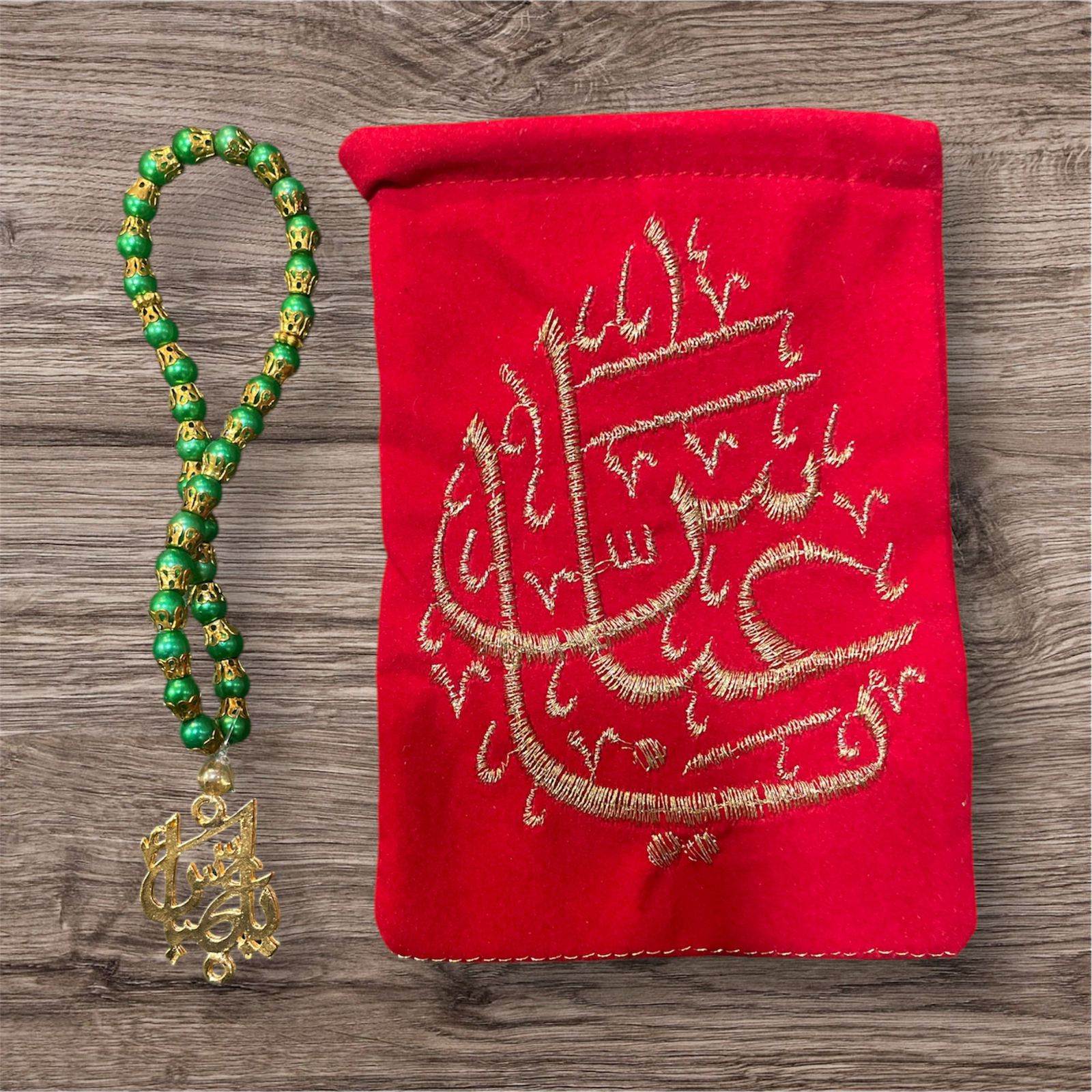 Beautiful Green Tasbeeh Mola Abbas AS With Red Pouch 
