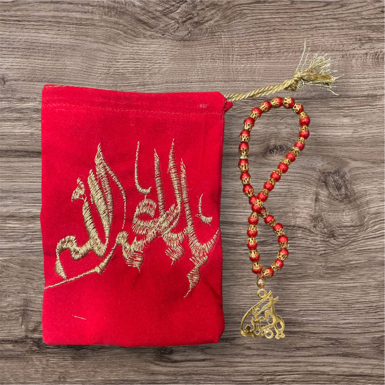 Beautiful Red Tasbeeh Mola Hussain AS With Red Pouch Front Side Imam Hussain AS Name & Back Side Mola Abbas AS Work Embroidery 