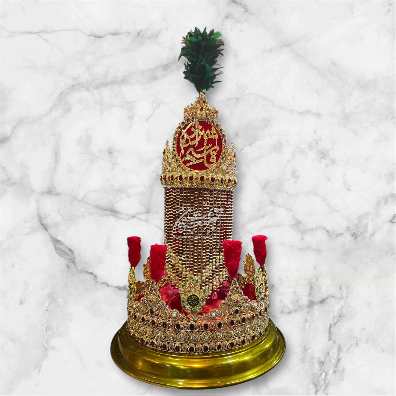 Beautiful Mehndi Shahzada Qasim AS | Taaj Material Kashi & Work Red Stones Tray Golden Steel 