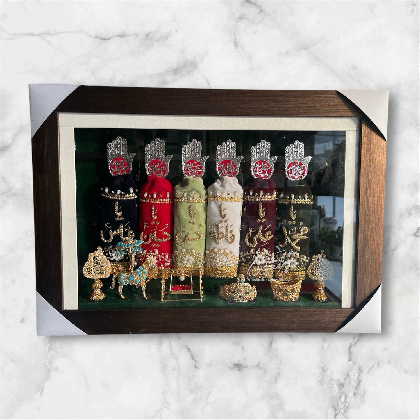 Beautiful Panjetan AS & Mola Abbas AS 6 Alam Set | Patka Fabric Multi Colour Velvet Work Cora Dapka , Panja Silver Cutting High Quality Ziyarat All Manjus Work Stones + High Quality Frame With Light