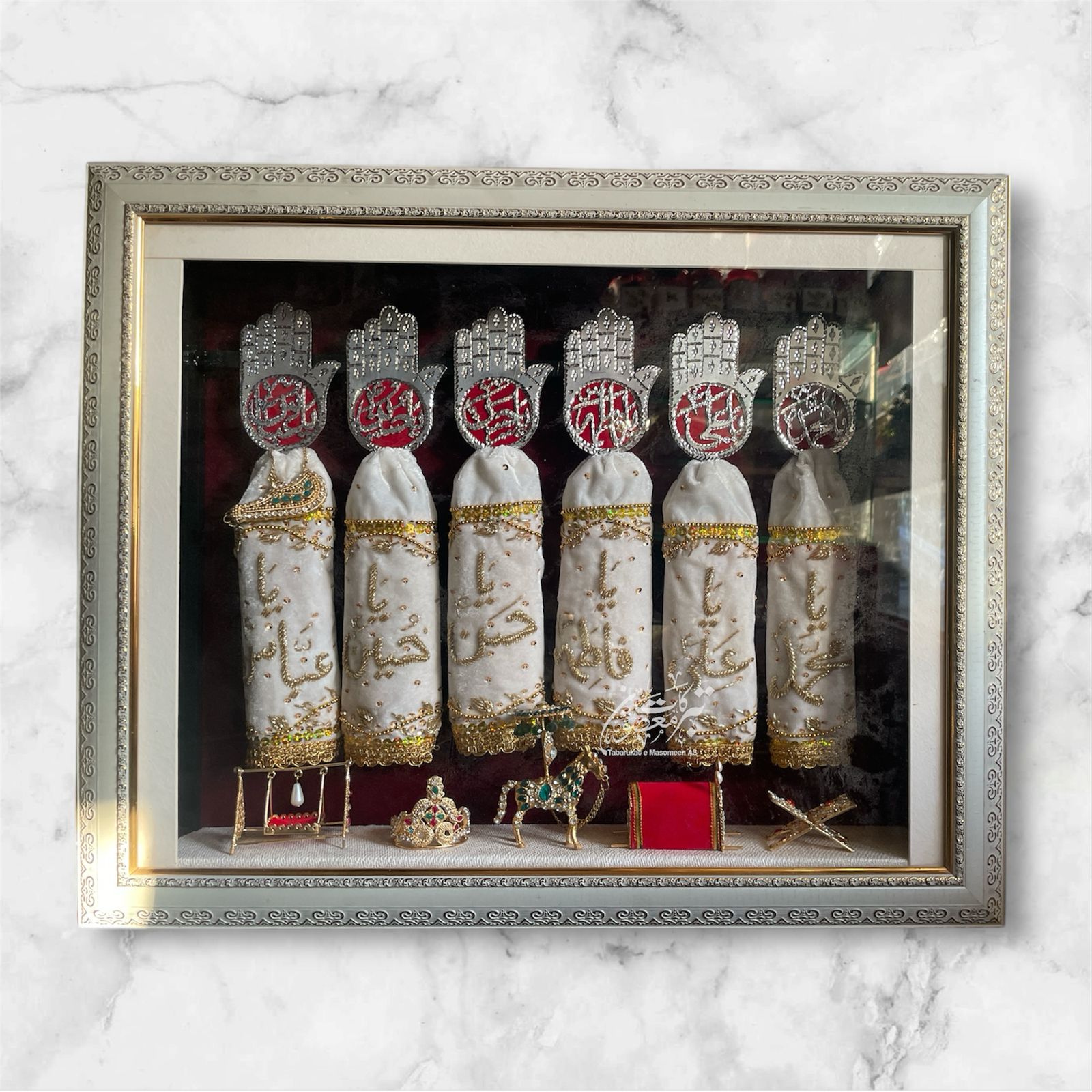 Beautiful Panjetan AS & Mola Abbas AS 6 Alam Set | Patka Fabric Work Cora Dapka , Panja Silver Cutting High Quality Ziyarat All Manjus Work Stones + High Quality Frame With Light