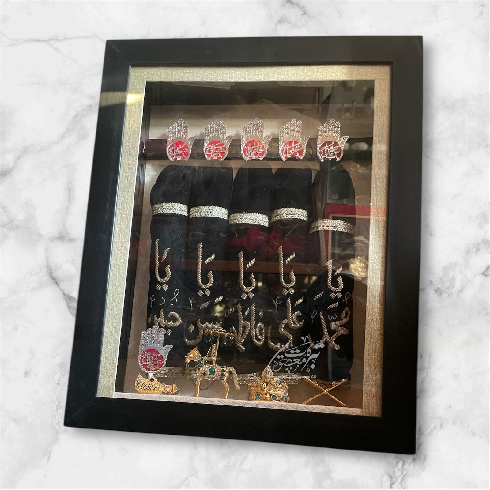 Beautiful Panjetan AS 5pcs  Alam Set | Patka Fabric Black Colour Velvet Work Cora Dapka , Panja Silver Cutting High Quality Ziyarat All Manjus Work Stones + High Quality Frame With Light
