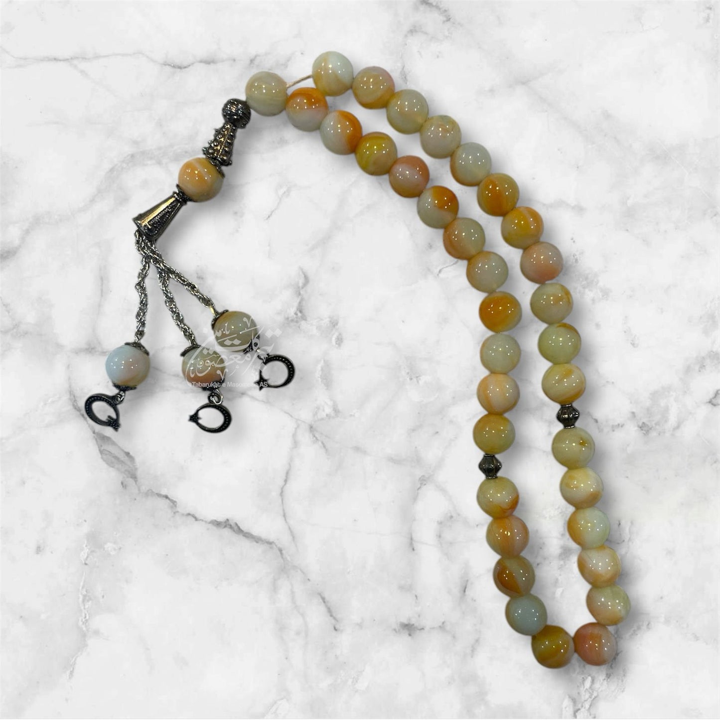 Beautiful Tasbeeh White & Yellow Shades Aqeeq With Chain High Quality Stones | Size 33 Beads , 12mm