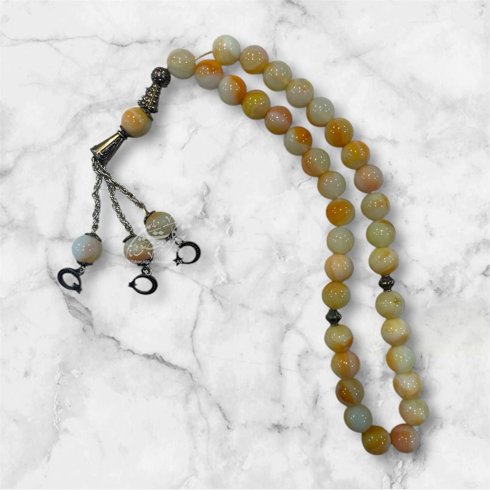 Beautiful Tasbeeh White & Yellow Shades Aqeeq With Chain High Quality Stones | Size 33 Beads , 12mm