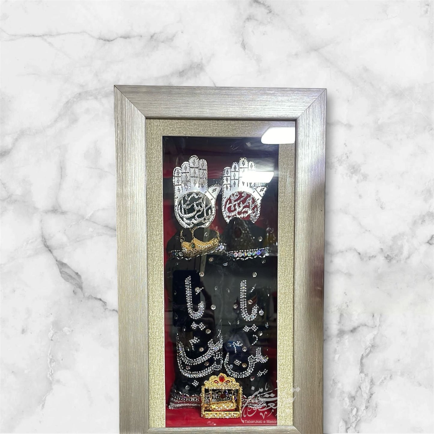 Beautiful Mola Hussain AS & Mola Abbas AS | Patka Fabric Black Colour Velvet Work Sitara Moti , Panja Silver Work  High Quality Frame Jhula Material Manjus Work Stones + High Quality Frame With Light