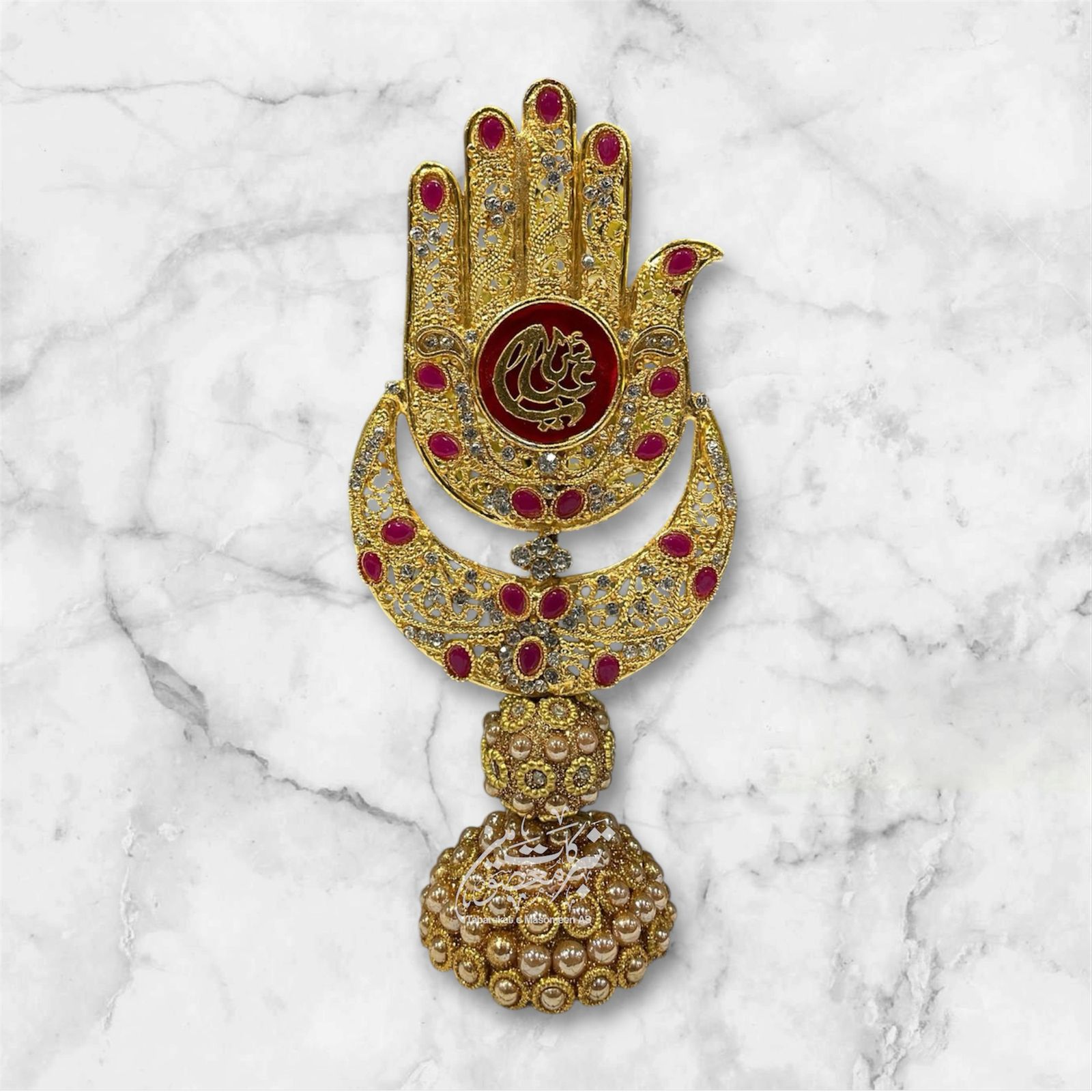 Beautiful Ya Abbas AS Table Stand Alam Moon Shape | Work Kashi With Stones Red Color