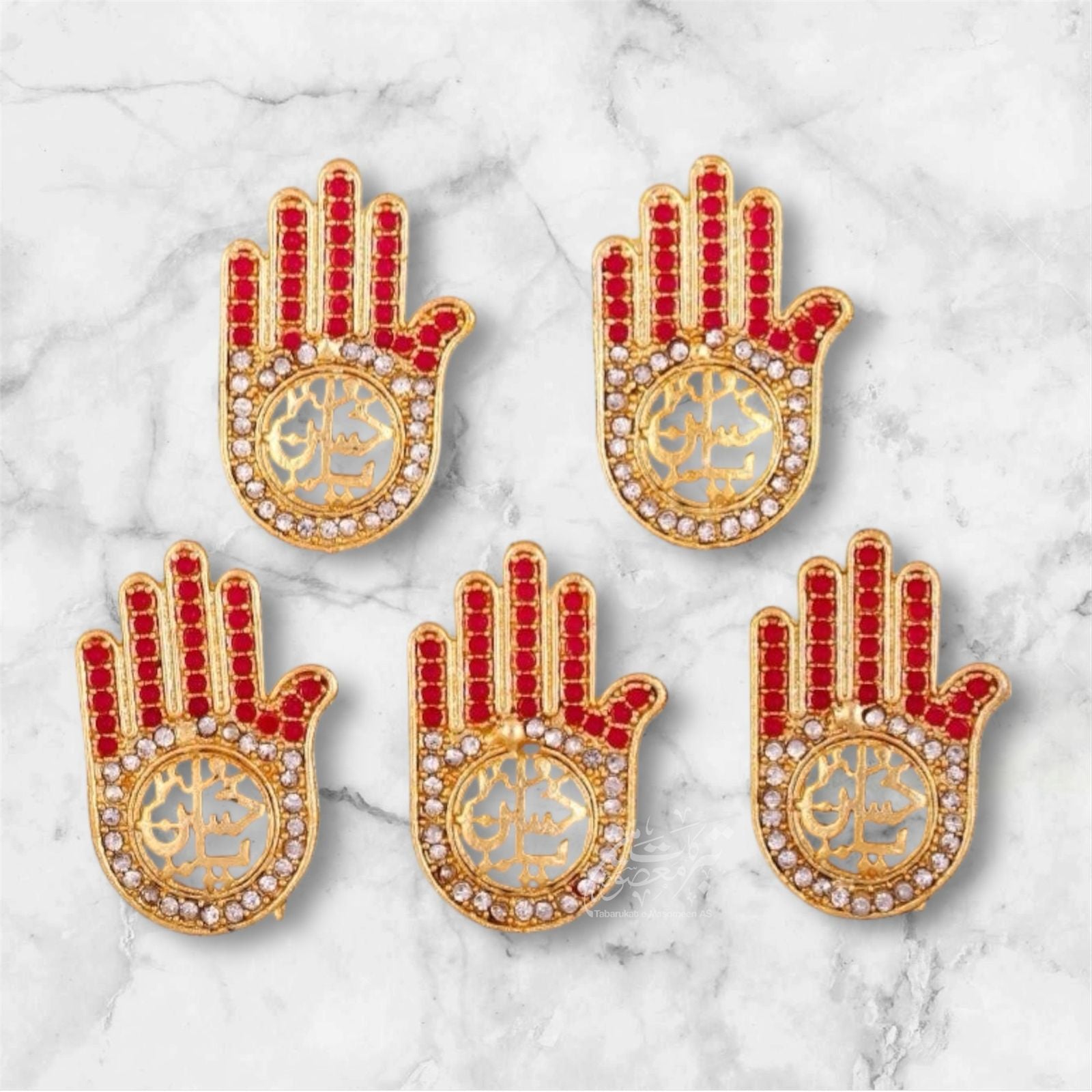 Ya Hussain Panja Badges With Red Stones Work | 12pcs Pack 