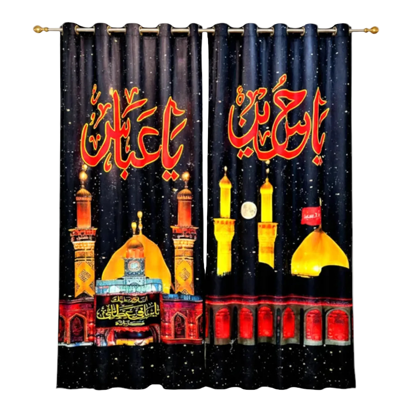 Imported Velvet Ya Hussain AS & Ya Abbas AS Black Curtain – Premium Digital Print Islamic Curtain 7.5 x 4.7 Ft
